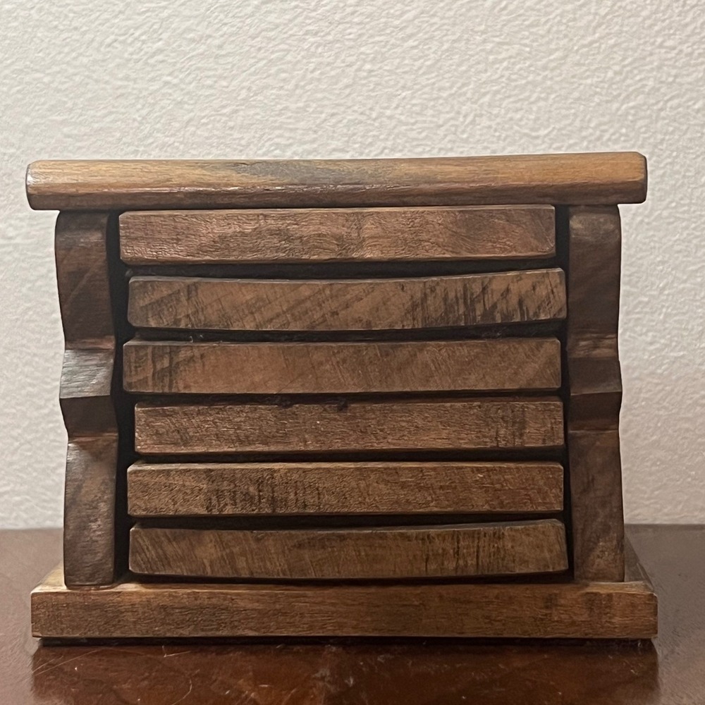 Rustic Brown Wood Coaster Set with Holder 6 Piece Vintage Boho Table‎ Home Decor